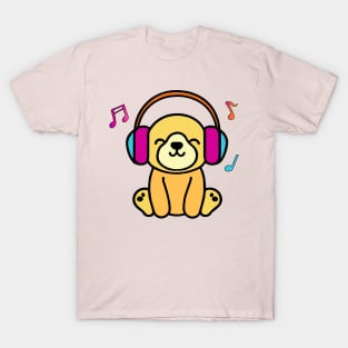 Happy smiling baby dog puppy with headphones. Kawaii cartoon T-Shirt